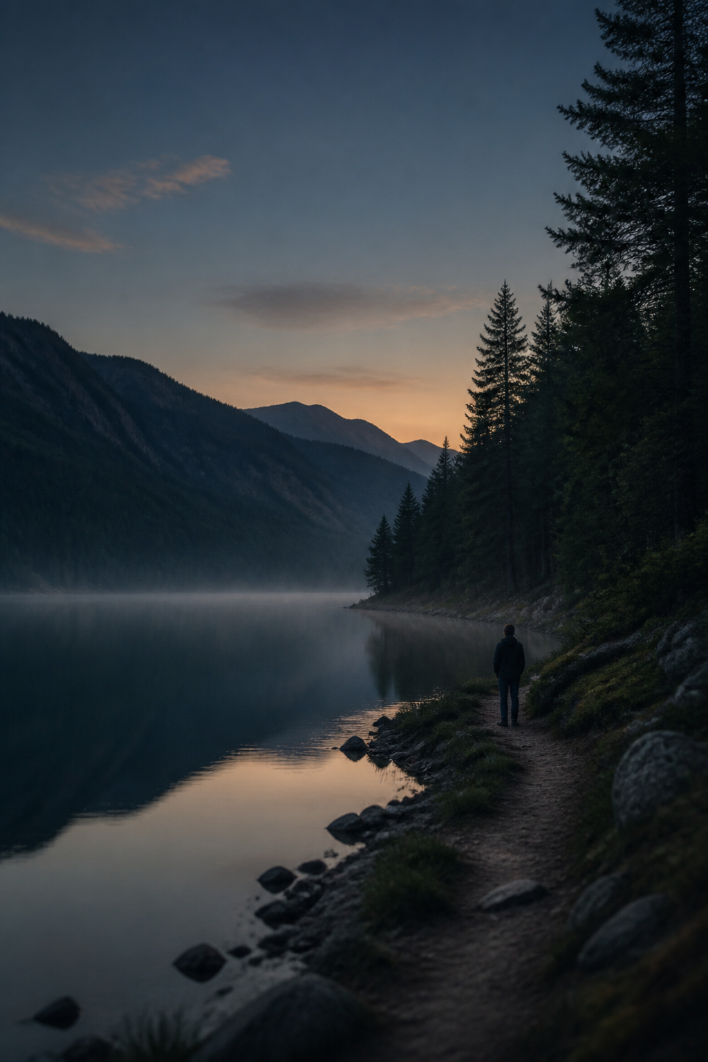 A distant solitary figure beside a calm mountain lake at dusk